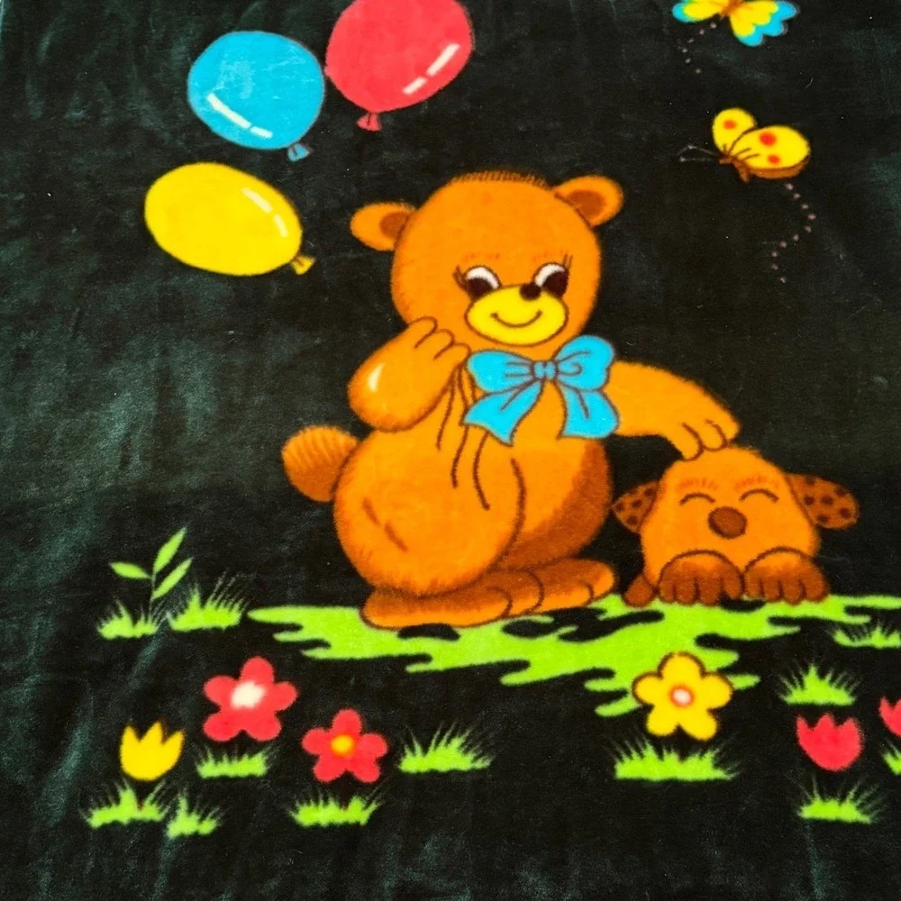 Vintage Teddy Bear Puppy Plush Mink Style Fleece Blanket Forest Green Kidcore